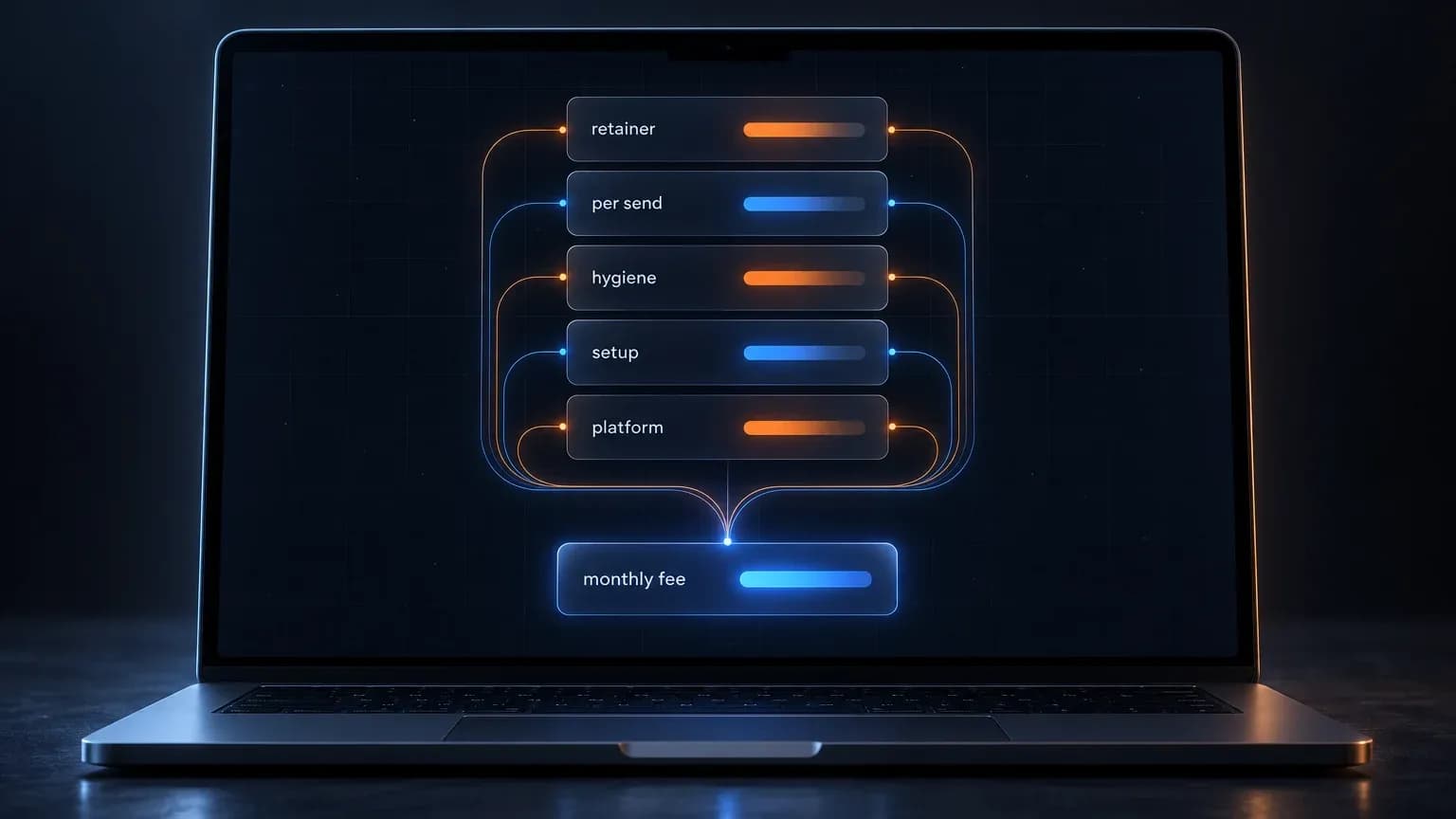 Dark dashboard mockup on a laptop showing five invoice line cards labelled retainer, per send, hygiene, setup and platform, all feeding one aggregate card labelled monthly fee