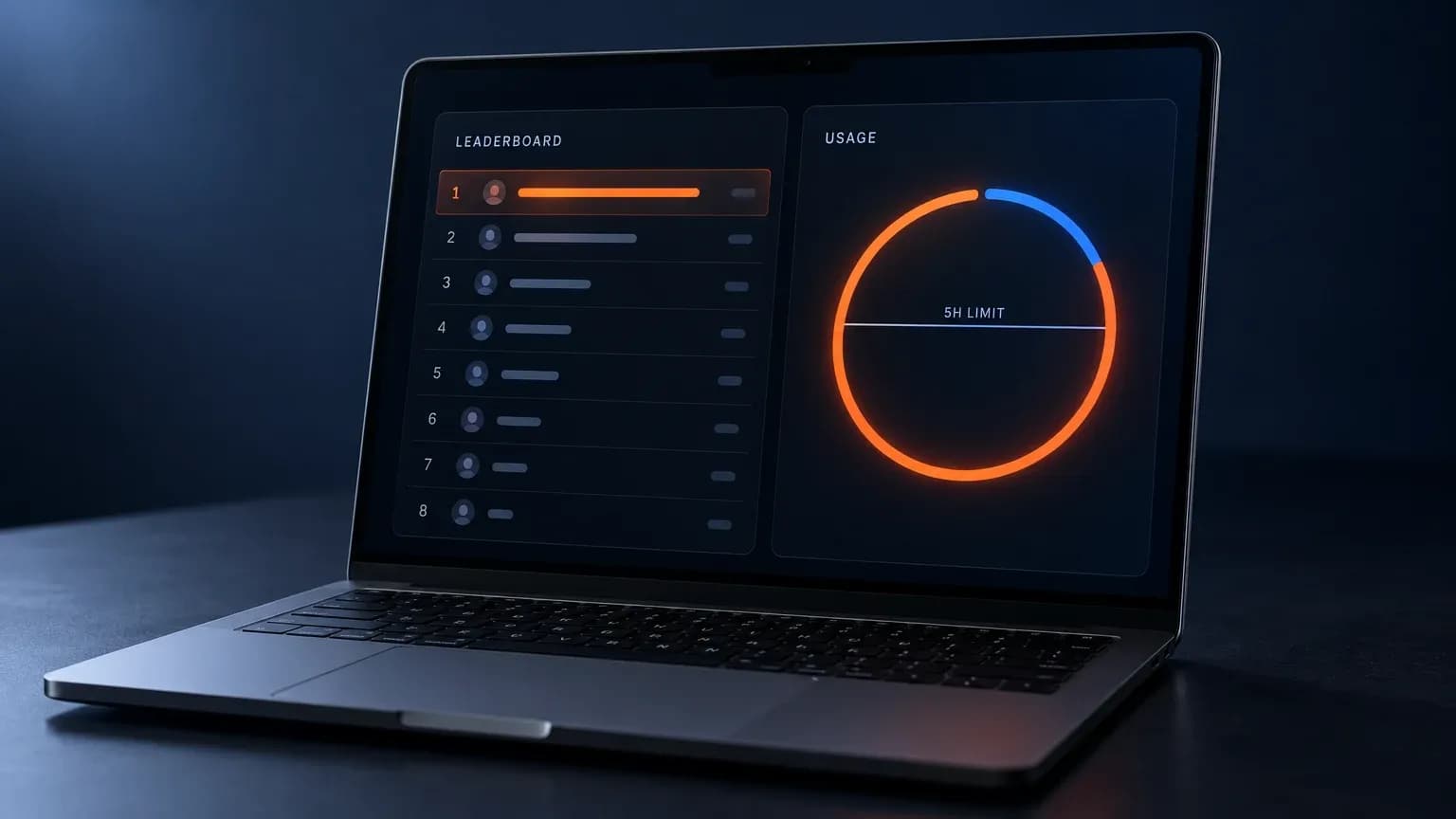 Dark dashboard on a laptop showing a coding leaderboard ranked next to an almost full five-hour usage meter