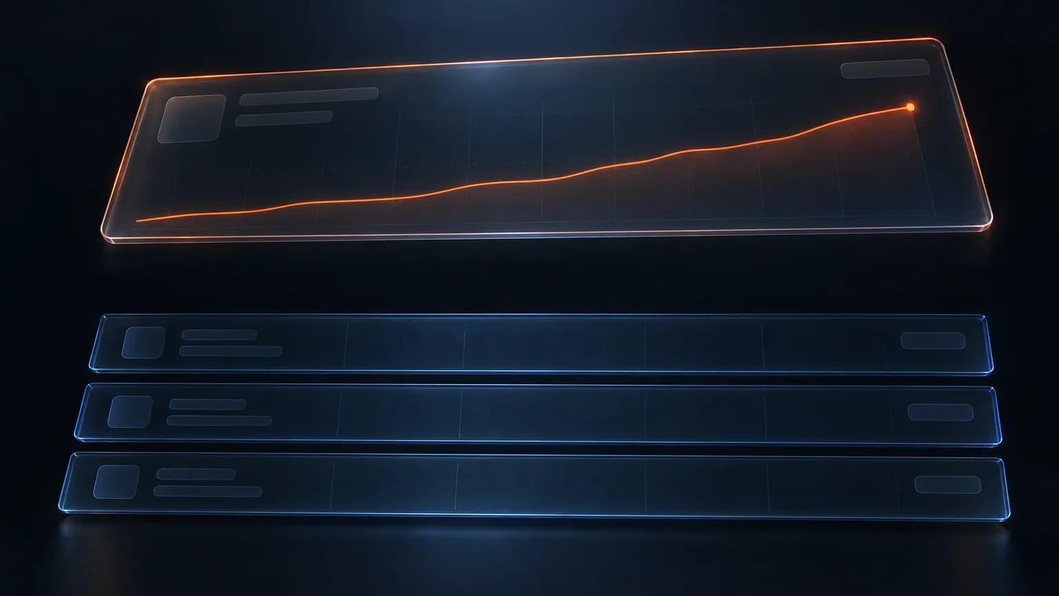 Dark analytics dashboard, one raised glass metric card above a break in the stack and three flat inert cards below