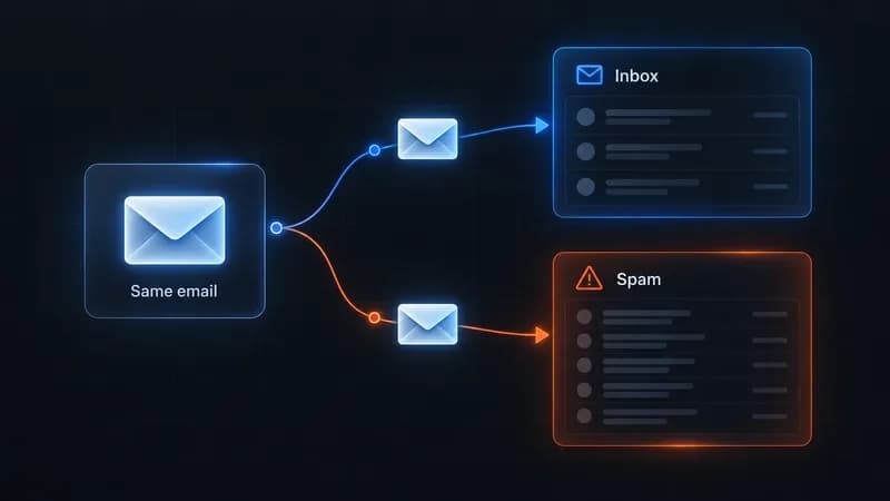 One email card branching into two paths, one landing in an Inbox panel and one in a Spam panel, dark SaaS UI with blue and orange accents