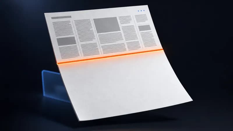 A tilted white sheet of paper on a deep navy background, crowded gray text blocks above a glowing orange line and an entirely empty white field below it