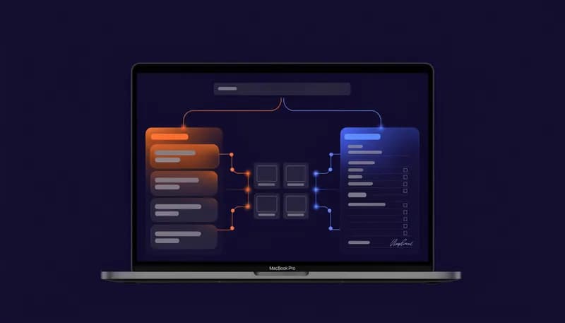 One search query entering a page that splits into two diverging paths, one labeled with an API delivery diagram and one with a contract scope sheet