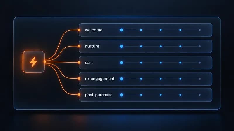 Five automated email sequences branching from a single trigger into welcome, nurture, cart, re-engagement and post-purchase paths
