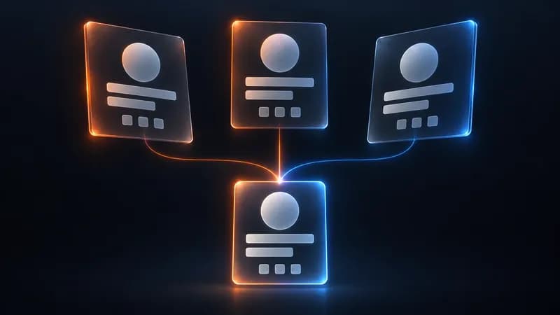 Three separate identity cards for one customer converging into a single merged record