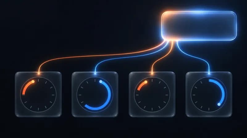 Four metered dials labelled contacts, seats, sends and automation runs feeding one invoice total