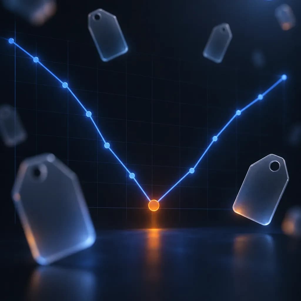 Glowing blue line chart dipping into a deep valley then climbing out, over a faint grid on a deep navy background, with a small orange glass disc marking the low point