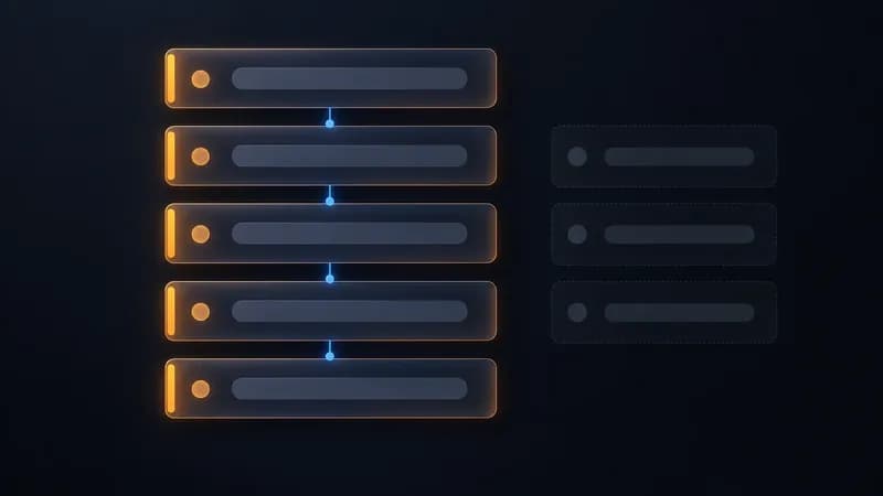 Five lit field cards and three dimmed field cards on a dark panel, showing which slots in a positioning statement template are required and which are optional