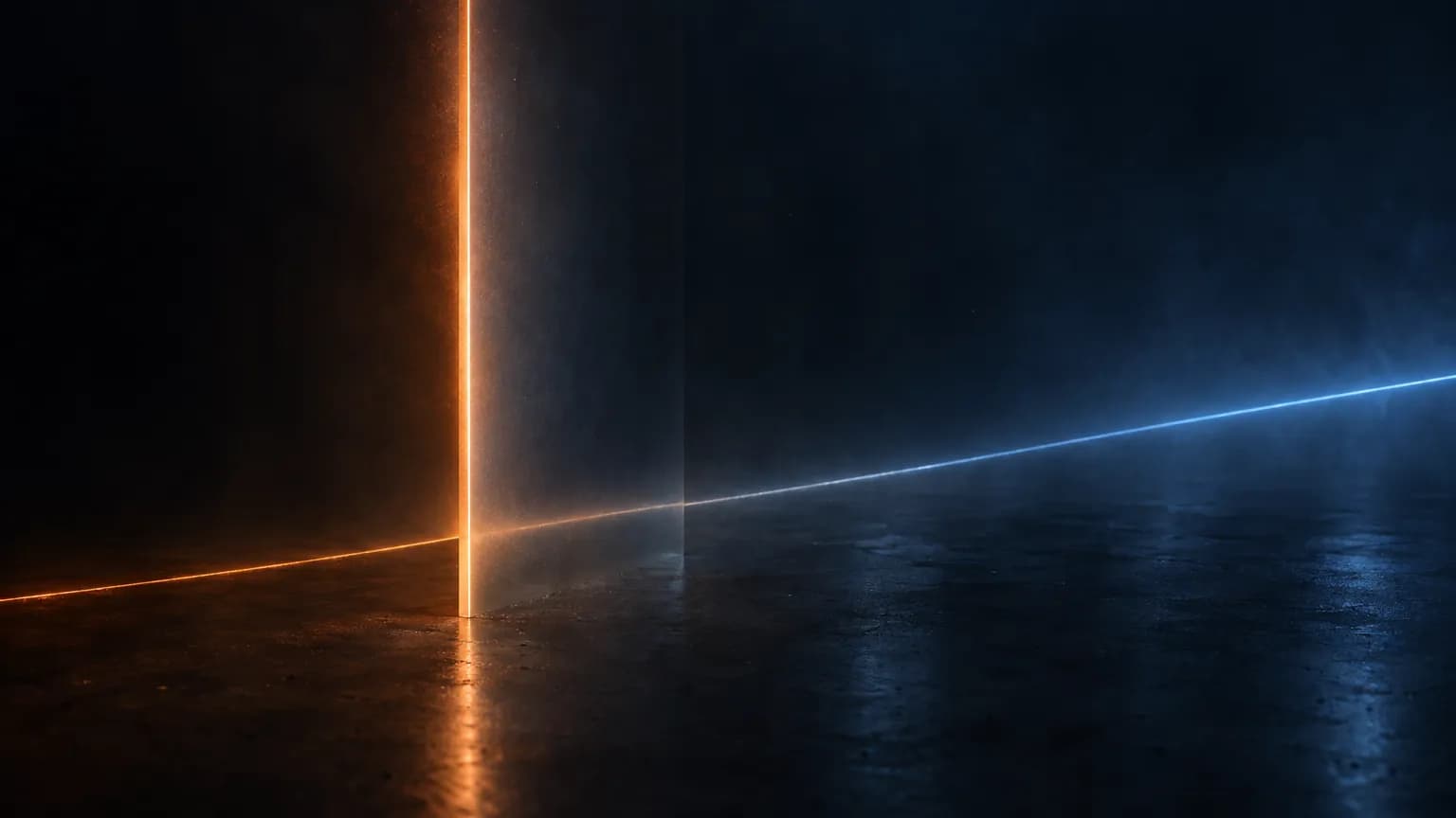 A dark room with a tall upright glass fin lit along its edge, a dim warm trail of light across the floor to its left, and a long cool blue trail continuing far to the right.