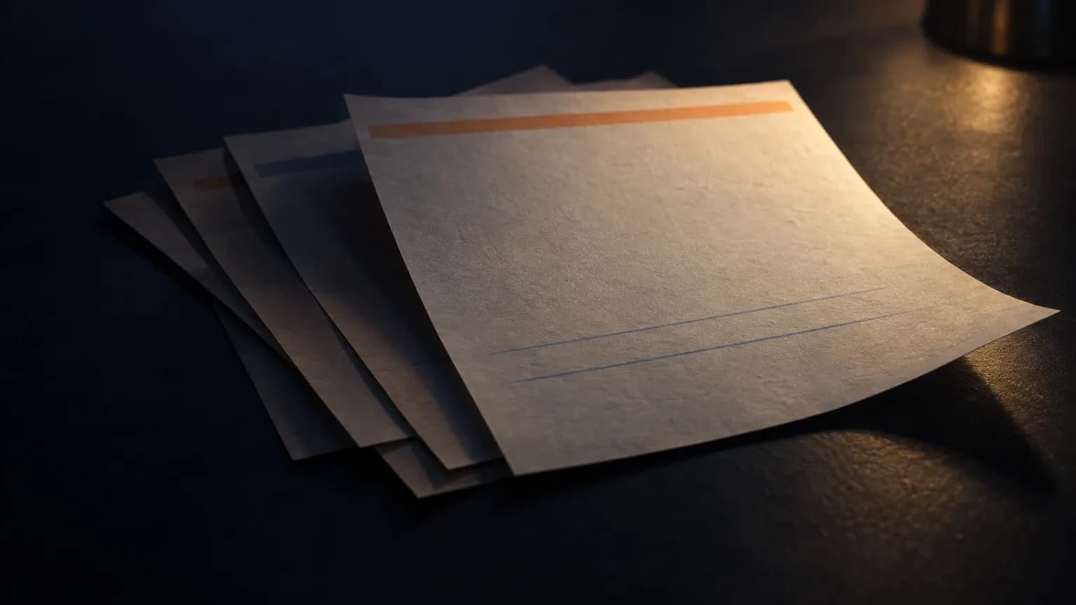 A stack of printed report pages caught mid reorder, one sheet lifted into the light while the rest sit dimmed