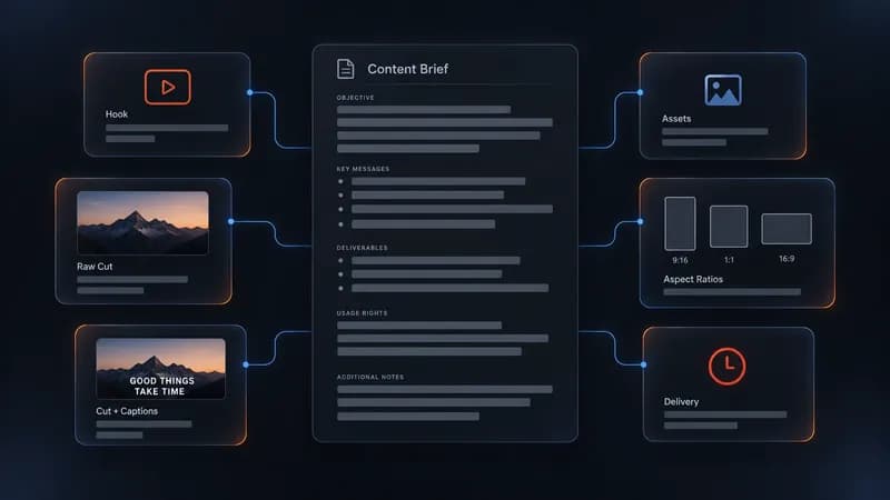 Content brief panel in a dark interface, with delivered asset cards floating around it and one card marked by an amber clock